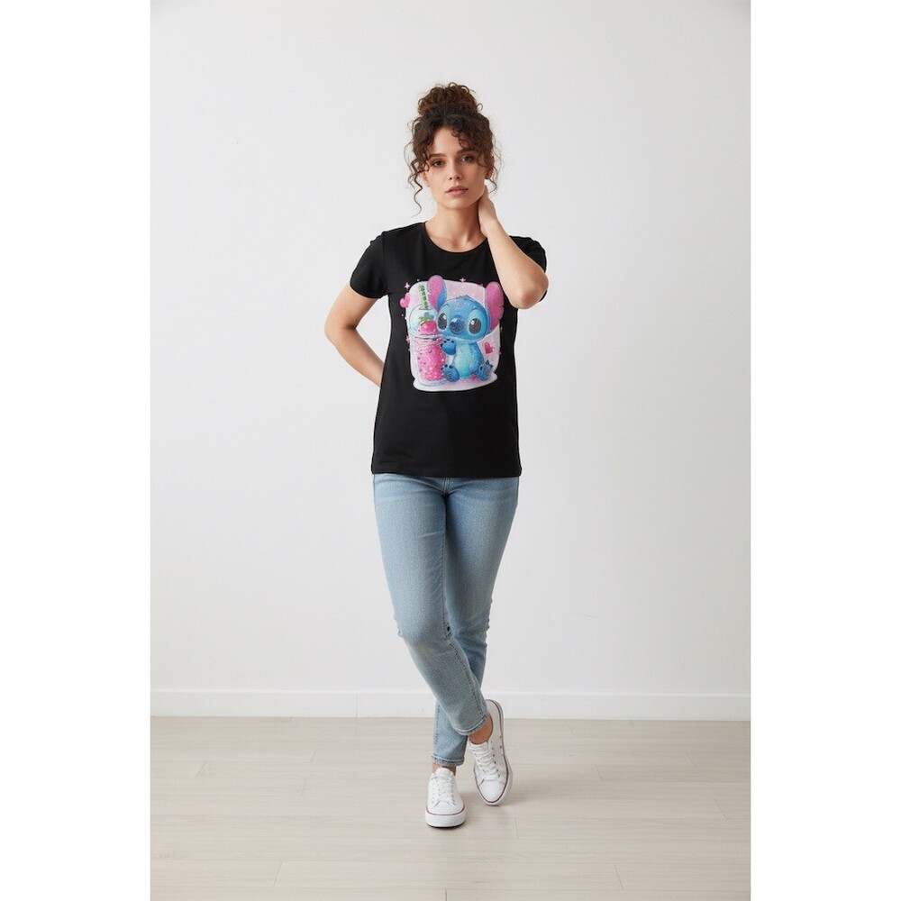 Rhinestone bling Stitch T-Shirt Womens Size L / XL Black Rhinestone Graphic Crew - Picture 4 of 6